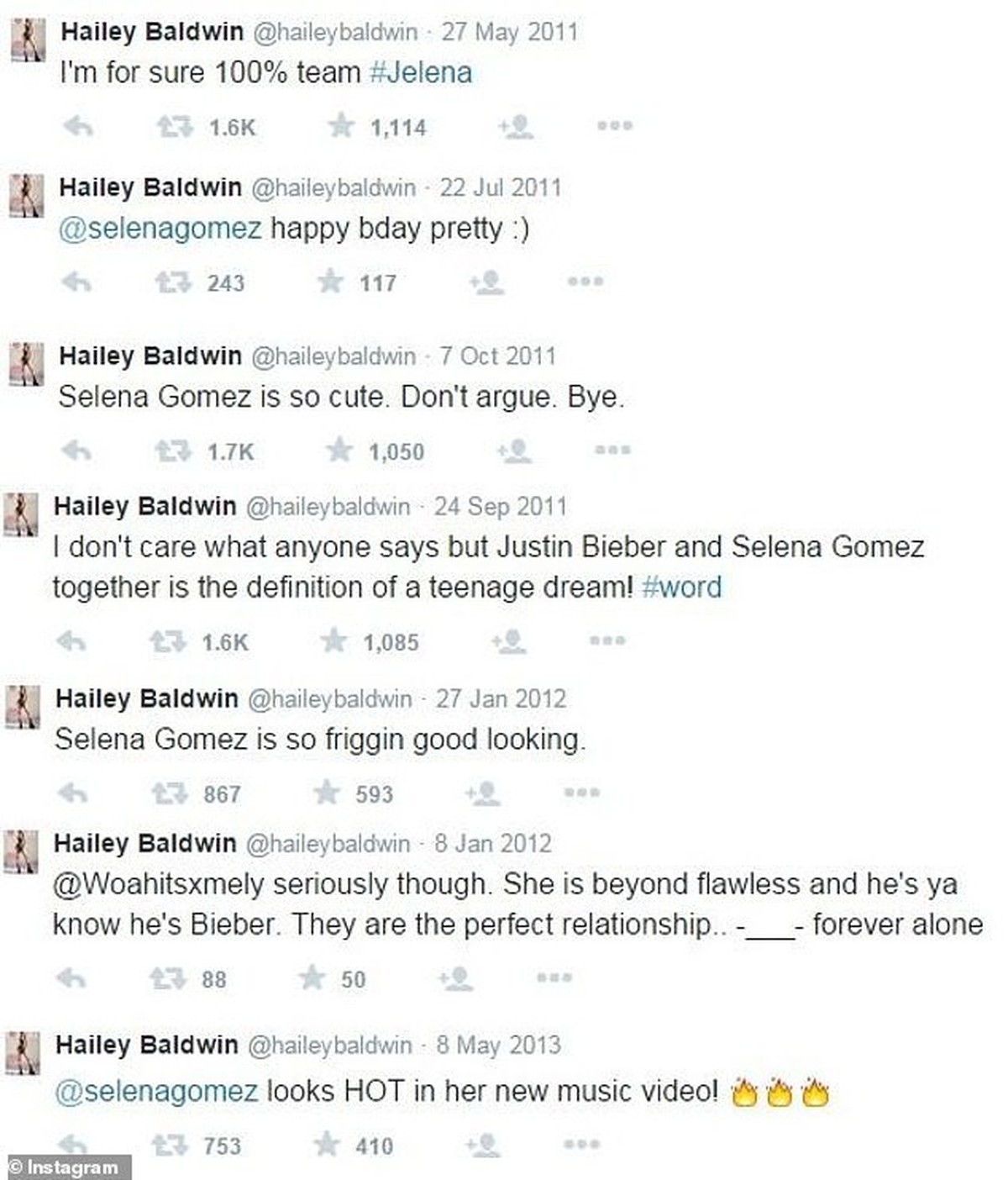 Hailey Bieber Tweets über Selena Gomez und Justin Bieber.