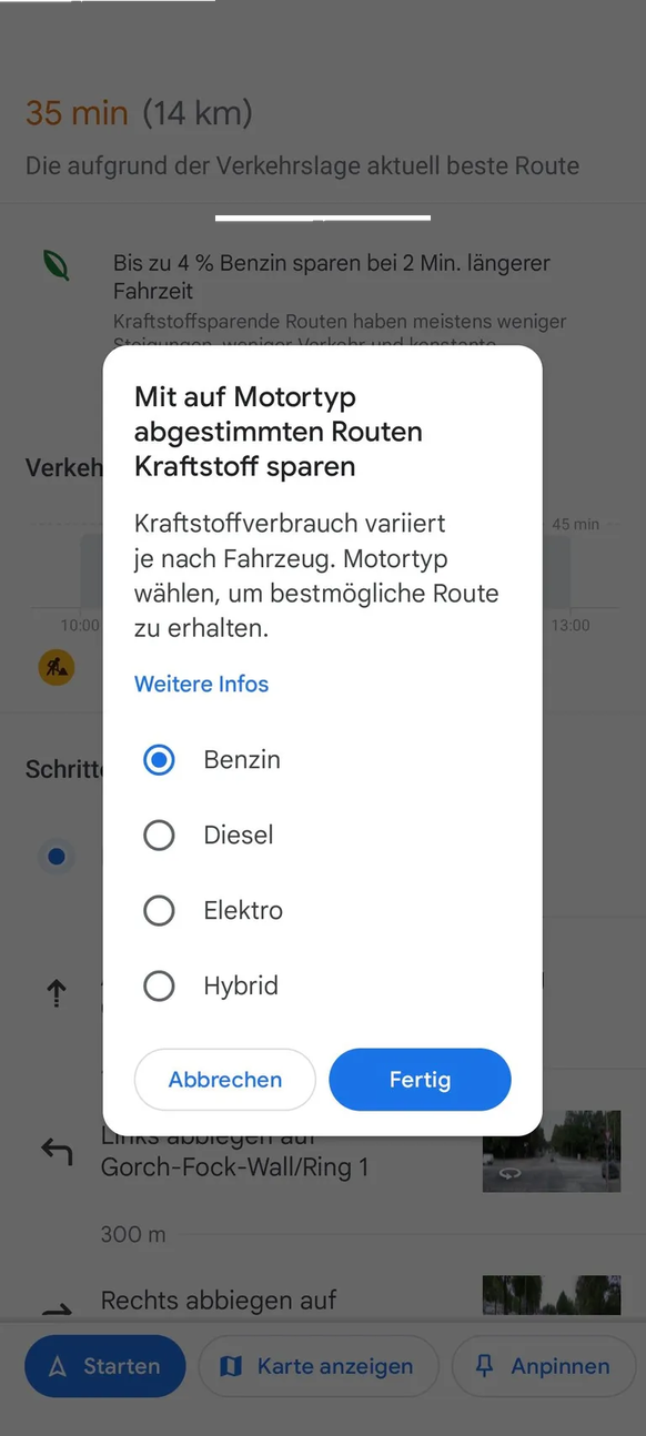 In der App kann der Anwender den genutzten Motortyp angeben.