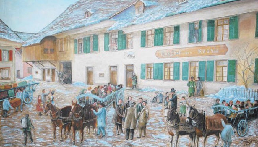 Das Werk des Malermeisters Walter Lehmann aus dem Jahr 1959 zeigt den&nbsp;Verlad der Auswanderer beim Restaurant Rössli in Rothrist.&nbsp;