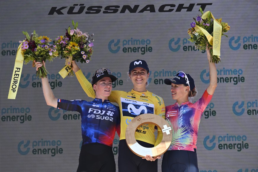 Overall winner Moviestar Team racer Marlen Reusser of Switzerland, center, overall runner-up FDJ-Suez racer Demi Vollering of the Netherlands, left, and third placed CANYON/Sram Katarzyna Niewiadoma o ...