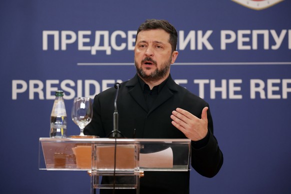 epa13156489 Ukrainian President Volodymyr Zelensky speaks during a press conference with Serbian President Aleksandar Vucic (not pictured) following their meeting in Belgrade, Serbia, 08 August 2026.  ...
