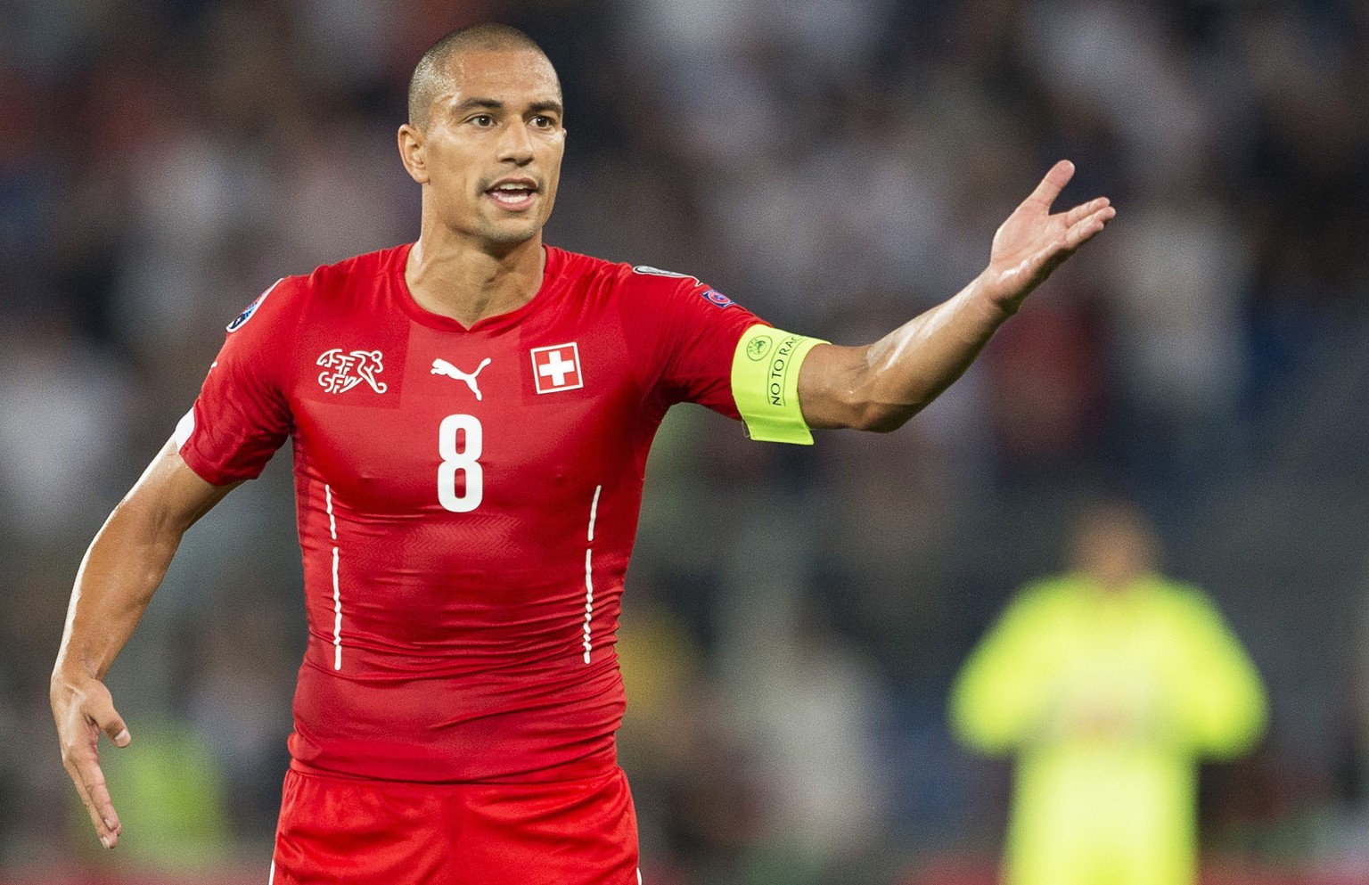 epa04391629 Swiss midfielder Goekhan Inler reacts during the UEFA EURO 2016 qualifying soccer match between Switzerland and England at the St. Jakob-Park stadium in Basel, Switzerland, 08 September 20 ...