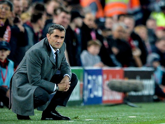 epa07554642 Barcelona&#039;s head coach Ernesto Valverde reacts during the UEFA Champions League semi final second leg soccer match between Liverpool FC and FC Barcelona at Anfield stadium in Liverpoo ...