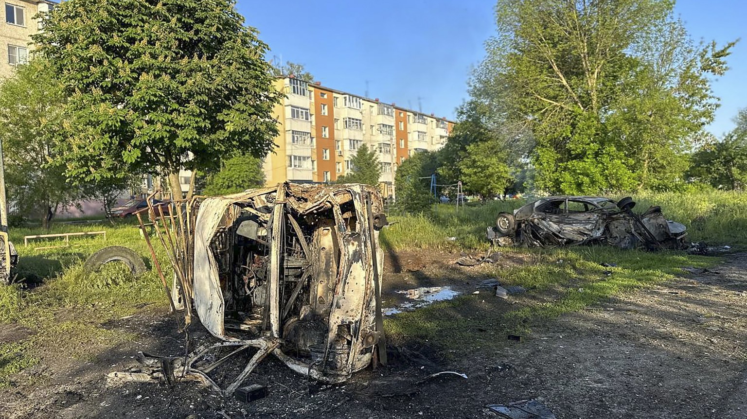 epa10664802 A handout photo made available by the Governor of Russia&#039;s Belgorod region Vyacheslav Gladkov on his Telegram channel shows the aftermath of Ukrainian shelling in the border town of S ...
