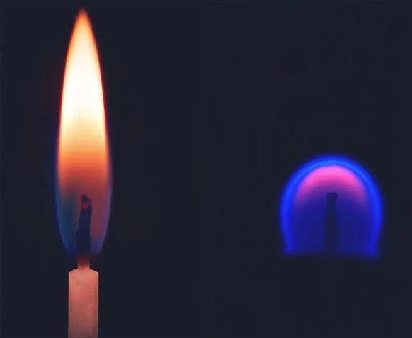 Vergleich einer brennenden Kerzenflamme auf der Erdoberfläche (links) und unter Mikrogravitation (rechts) https://de.m.wikipedia.org/wiki/Schwerelosigkeit#/media/Datei%3ASpace_Fire.jpg