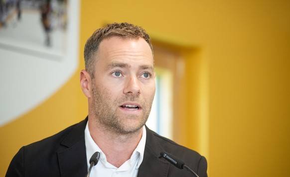 Janick Steinmann, HC Lugano General Manager, during the preseason press conference at the Corner Arena in Lugano, Switzerland, on Wednesday, September 3, 2025..(KEYSTONE/Ti-Press/Elia Bianchi)