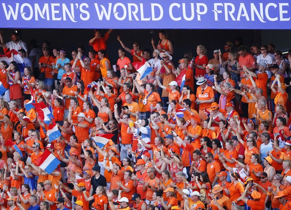 Netherlands fans celebrate at the end of the Women's World Cup quarterfinal soccer match between Italy and the Netherlands, in Valenciennes, France, Saturday, June 29, 2019. (AP Photo/Francois Mo ...