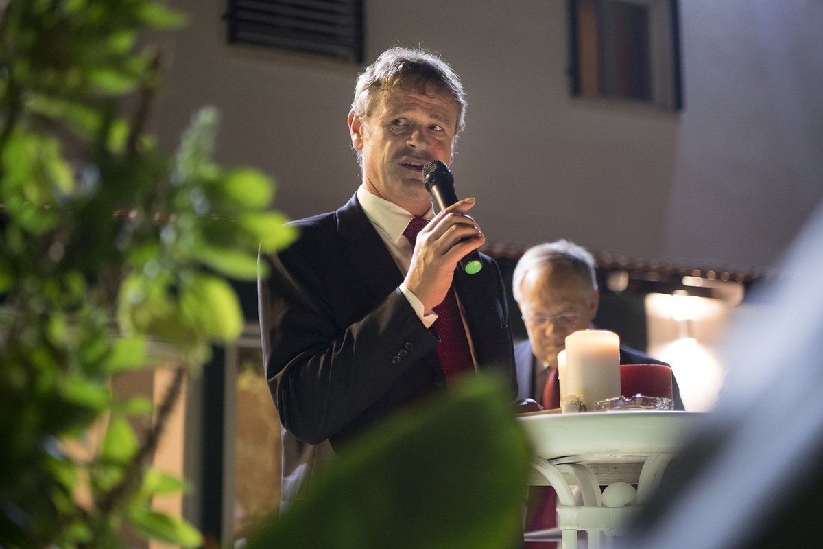 Jean-Daniel Ruch, ambassador of Switzerland in Israel, speaks during a reception at the Swiss residence in Ramat Gan, Israel, within a working visit of a Swiss delegation to Israel and the Palestinian ...