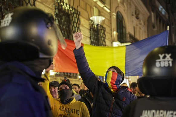 epa11952447 Calin Georgescu supporters shout slogans during a protest in front of the Central Elections Bureau in Bucharest, Romania, 09 March 2025. Georgescu, the independent candidate who won the fi ...
