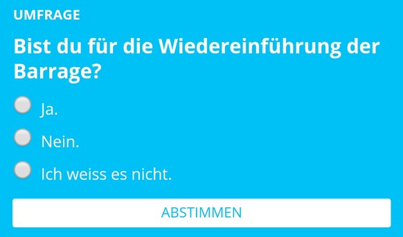 Der Schweizer Fussball setzt weiterhin auf Zehnerligen â kommt die Barrage zurÃ¼ck?
Es fehlt Bernie Sanders

Ich kann so nicht abstimmen.