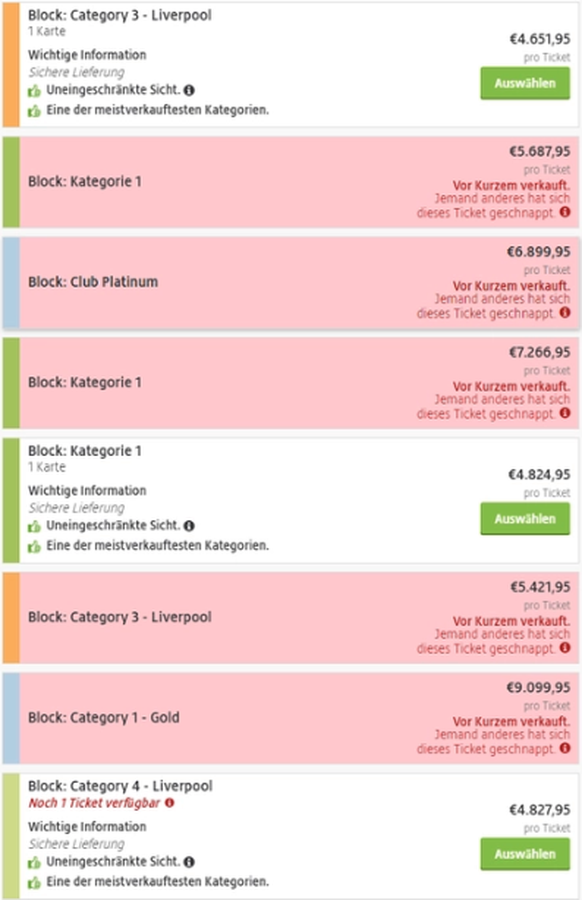 Tickets der Kategorie 1 wurden offenbar auf Viagogo auch mal für 9099 Euro verkauft.