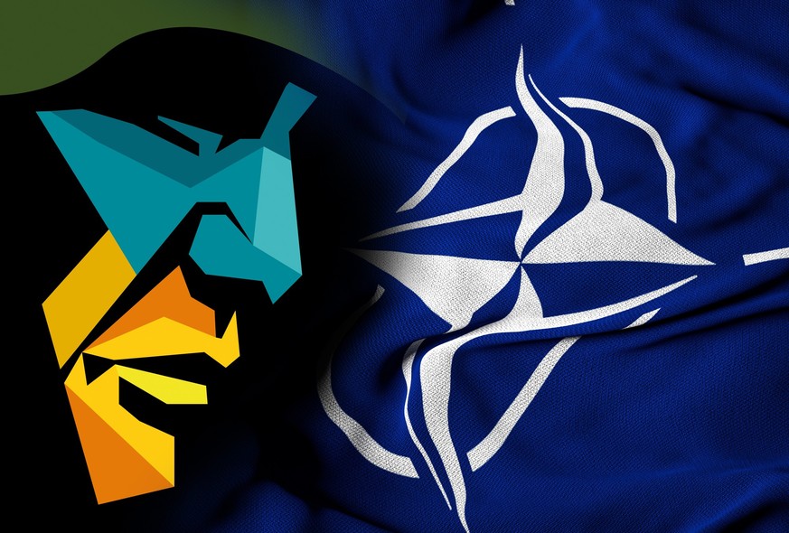 KYIV, UKRAINE- JANUARY 27, 2022: NATO - Ukraine Combined Flag | NATO and Ukrainian Truce, Unity, Peace and Defense Relations Concept - 3D Illustration