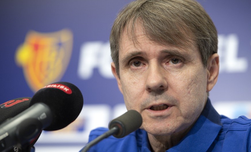 Praesident Bernhard Burgener spricht an einer Medienkonferenz des FC Basel 1893 in Basel, am Dienstag, 18. Juni 2019. (KEYSTONE/Georgios Kefalas)