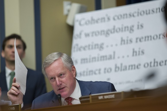 Rep. Mark Meadows, R-N.C. questions Michael Cohen, President Donald Trump&#039;s former lawyer, as he testifies before the House Oversight and Reform Committee, on Capitol Hill, Wednesday, Feb. 27, 20 ...