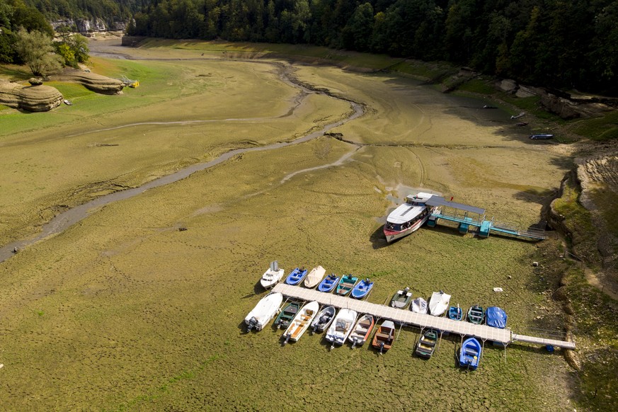 Stranded boats are pictured on the dried out shore of the Lac des Brenets (Swiss name) or Lac de Chaillexon (French name) part of the Doubs river, a natural border beetwen eastern France and western S ...