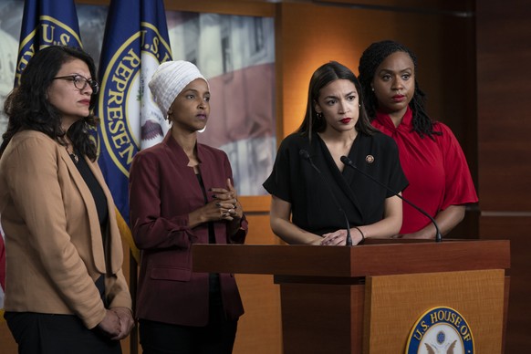 From left, Rep. Rashida Tlaib, D-Mich., Rep. Ilhan Omar, D-Minn., Rep. Alexandria Ocasio-Cortez, D-N.Y., and Rep. Ayanna Pressley, D-Mass., respond to remarks by President Donald Trump after his call  ...