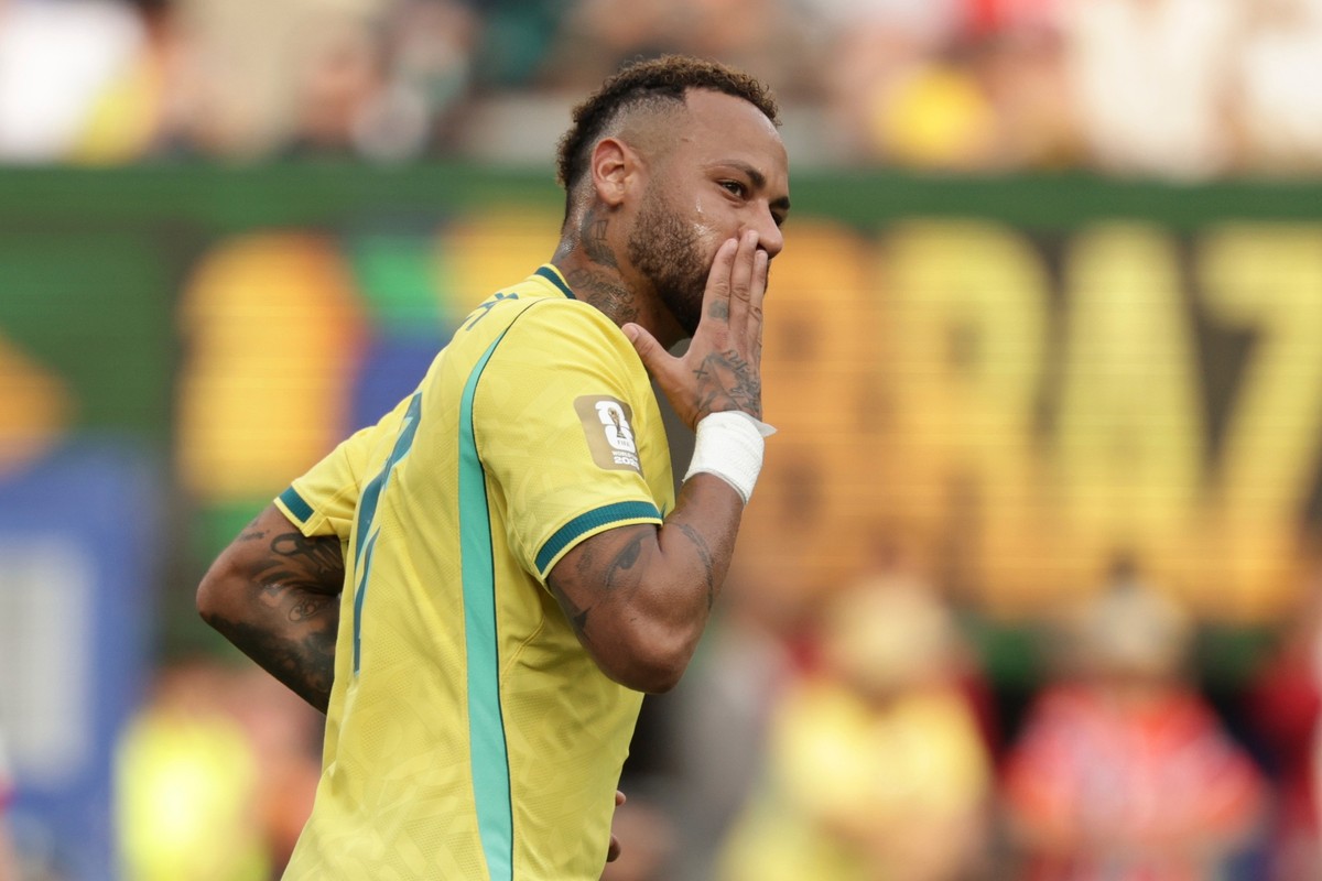 Brazil's Neymar (10) celebrates after scoring from a penalty kick during the World Cup round of 16 soccer match between Brazil and Norway in East Rutherford, N.J., near New York, Sunday, July 5,  ...