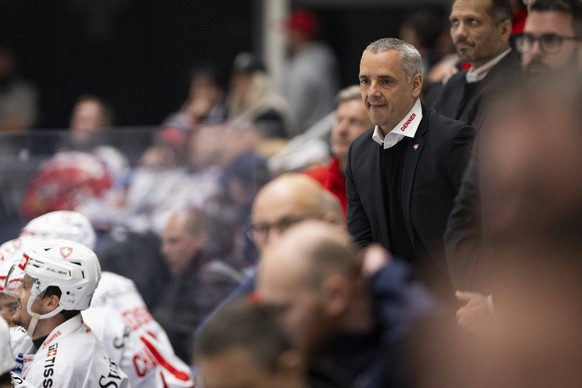 Czech Hockey Games, part of Euro Hockey tour series match Czech Republic vs. Switzerland in Ceske Budejovice, May 3, 2026. Coach of Switzerland Jan Cadieux. CTKxPhoto/VaclavxPancer CTKPhotoP2026050303 ...