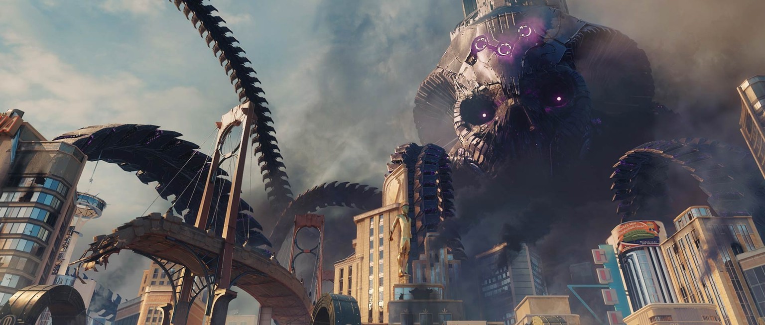 Metropolis wird von überdimensional grossen Maschinen angegriffen und teilweise in Schutt und Asche gelegt.