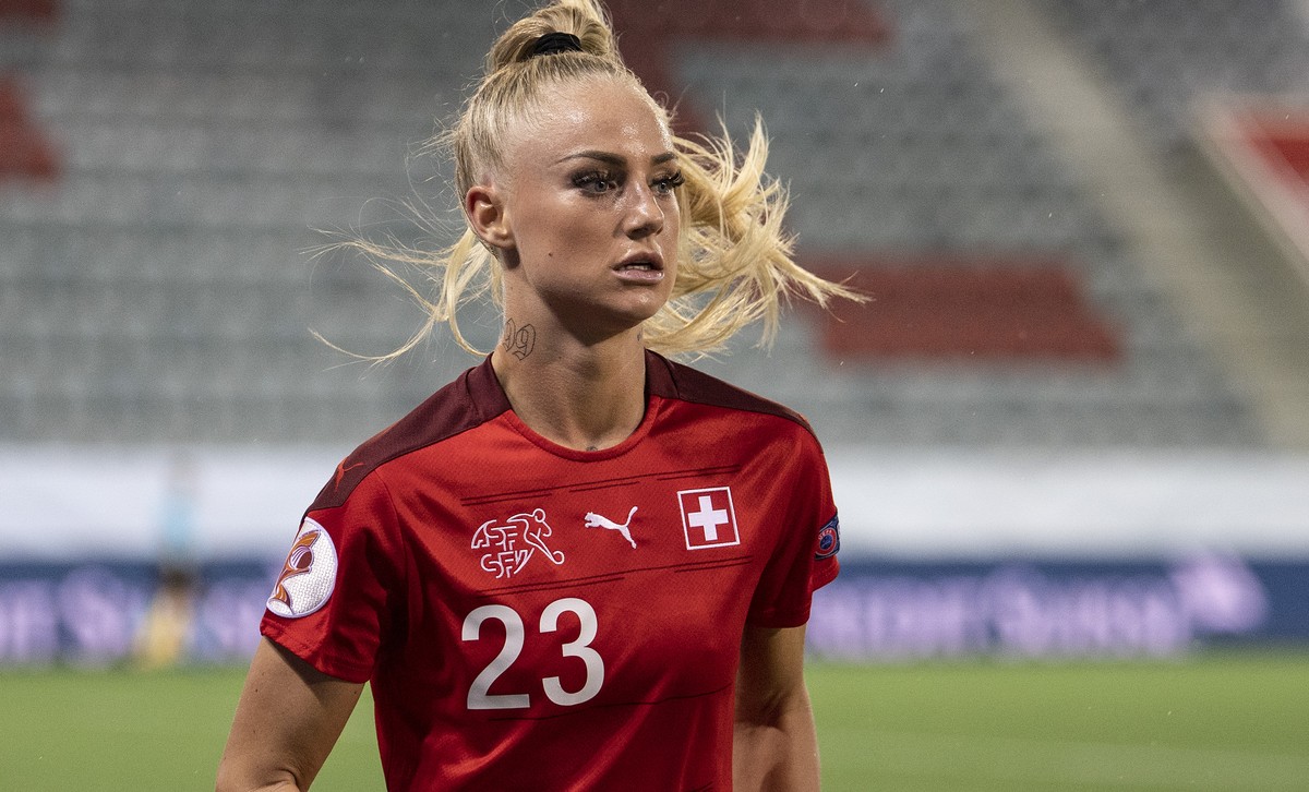 Switzerland's Alisha Lehmann reacts during the UEFA European Women's Championship 2022 qualification round Group H match between Switzerland and Belgium, at the Stockhorn Arena in Thun, Swit ...
