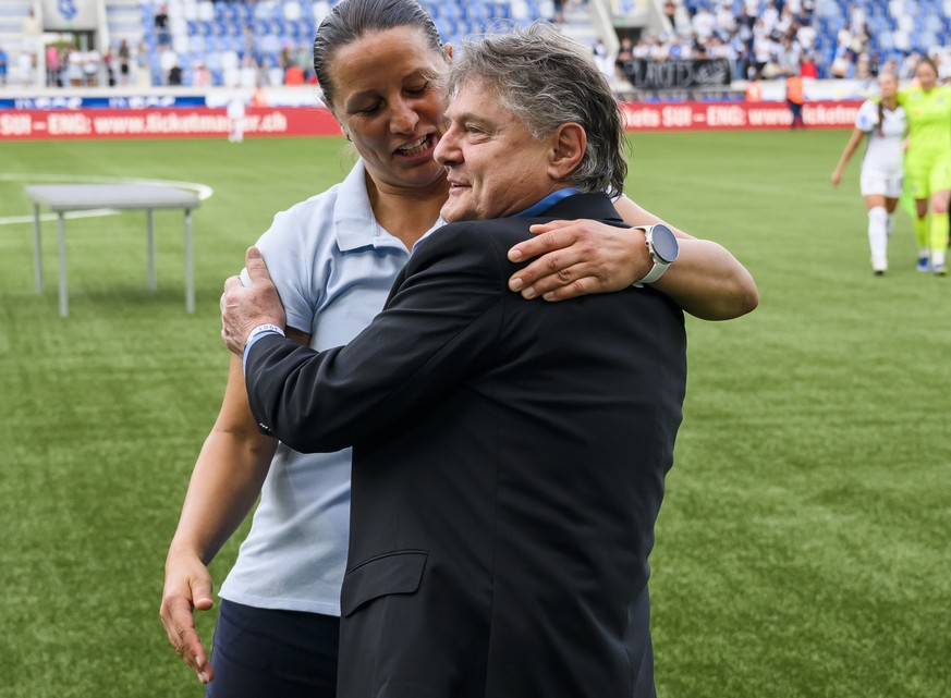 FCZ 's President Ancillo Canepa, right, congratulates Inka Grings, coach of FC Zurich, left, during the Women?s Super League of Swiss Championship Playoff Final soccer match between Servette FC Chenoi ...