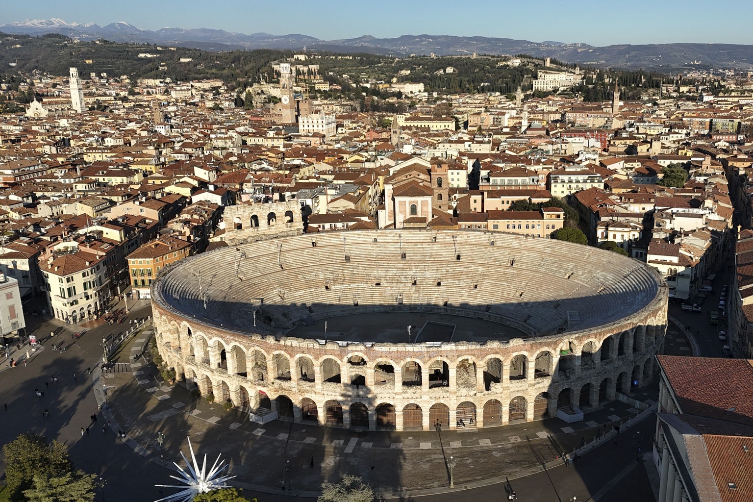 A view of the Arena of Verona where the Closing Ceremony of the Milan Cortina 2026 Winter Olympics will take place, in Verona, northern, Italy, Friday, Jan. 17, 2025. (AP Photo/Luca Bruno)