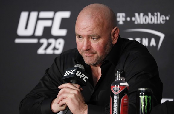 FILE - Dana White, president of UFC, speaks at a news conference after the UFC 229 mixed martial arts event in Las Vegas, on Oct. 6, 2018. White was caught on video released by TMZ slapping his wife w ...