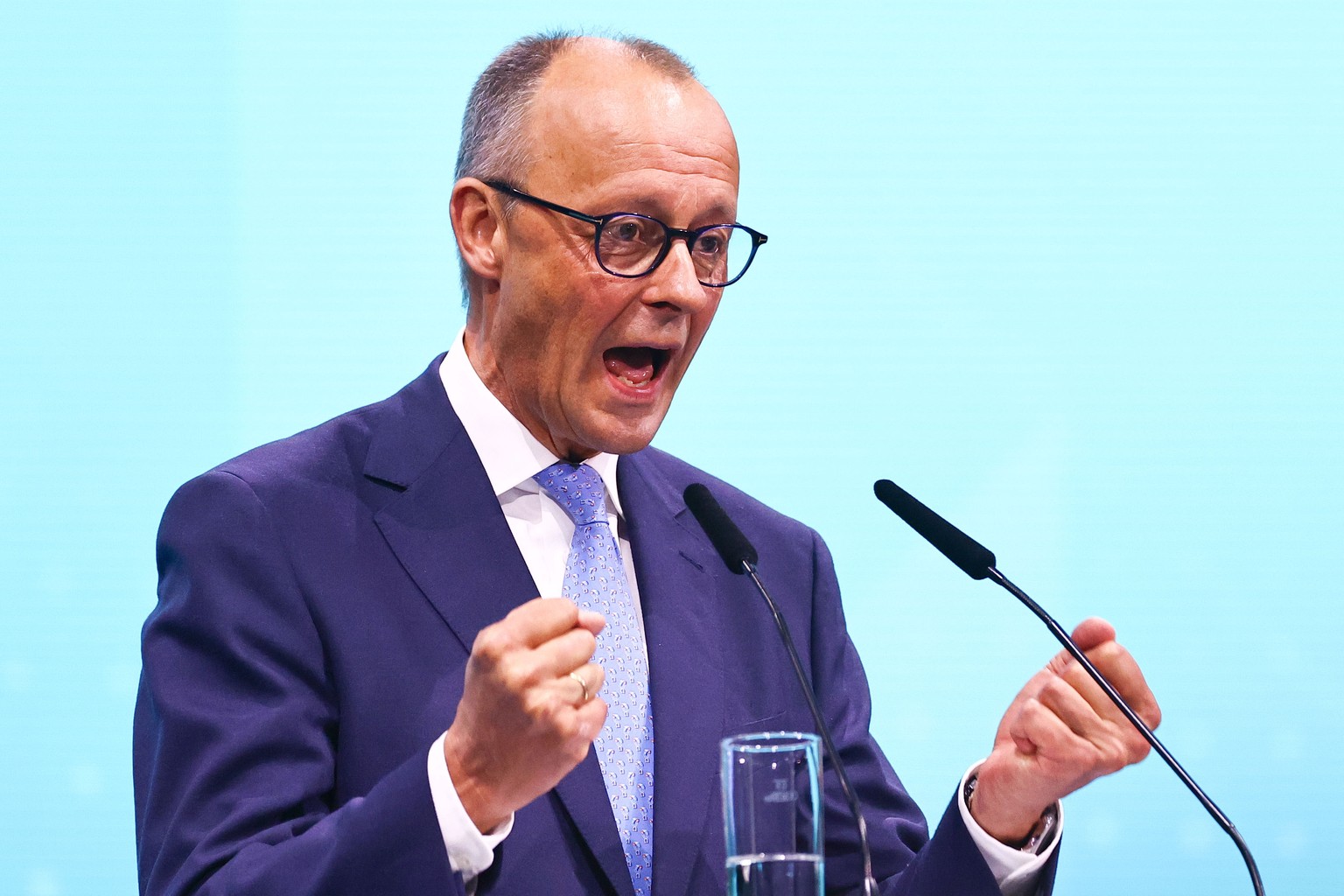 epa11321394 Chairman of the Christian Democratic Union (CDU) party and faction Friedrich Merz delivers a speech during the Christian Democratic Union (CDU) party convention in Berlin, Germany, 06 May  ...