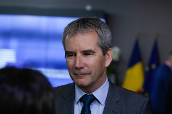 epa07578166 Austrian Finance Minister Hartwig Loeger speaks to the press at the start of an Economic and Financial affairs meeting council (ECOFIN), at the European Council in Brussels, Belgium, 17 Ma ...