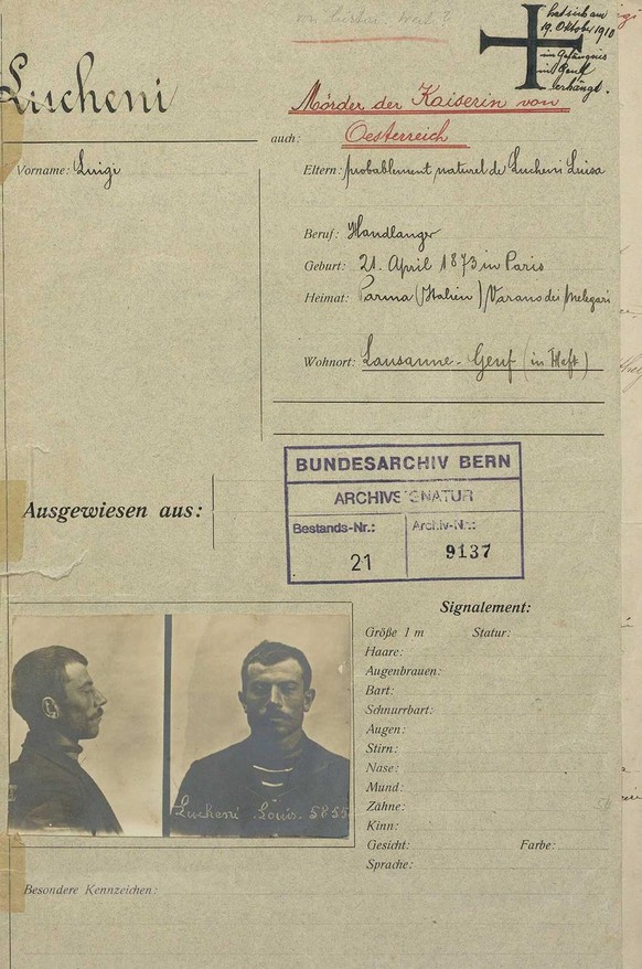Deckblatt der Polizeiakte von Luigi Lucheni.
https://www.recherche.bar.admin.ch/recherche/#/de/archiv/einheit/30362802