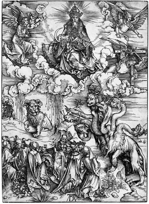 https://de.wikipedia.org/wiki/Apokalypse_(D%C3%BCrer)#/media/Datei:Durer,_apocalisse,_12_il_mostro_marino_e_la_bestia.jpg

Dürer Apokalypse, siebenköpfiges Tier