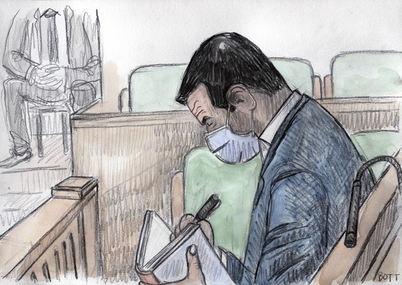GERICHTSZEICHNUNG - Un dessin, montre le conseiller d&#039;Etat genevois Pierre Maudet, sur le banc des accuses dans la salle d&#039;audience lors de la lecture du verdict de son proces pour acceptati ...