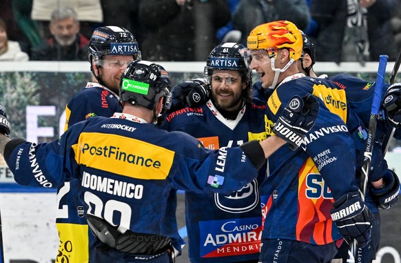 Philippe Maillet (HCAP) middle celebrate his goal, during the regular season of National League A (NLA) Swiss Championship 2024/25 between HC Ambri Piotta and SC Bern at the ice stadium Gottardo Arena ...
