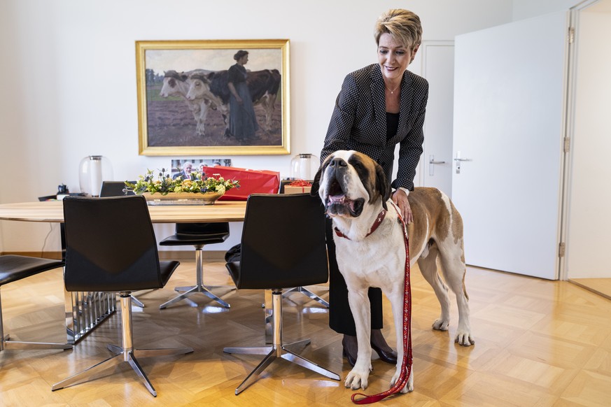 Justizministerin Karin Keller-Sutter mit ihrem Patenhund Zeus (der rund 77 Kilogramm schwer ist). 