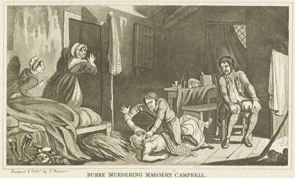 «Burke murdering Margaret Docherty» – Illustration de Robert Seymour, 1829.