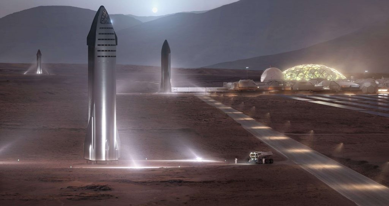 Starship-Raketen neben einer Basis auf dem Mars.