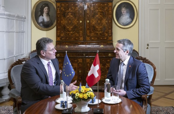 Swiss Federal Councilor Ignazio Cassis, right, speaks with Vice-President of the European Commission Maros Sefcovic during a working visit in Bern, Switzerland, Wednesday, March 15, 2023. (Peter Schne ...