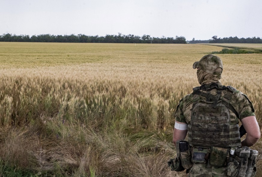 epa10013852 A Russian serviceman keeps watch in front of a wheat field near Melitopol, Zaporizhia region, Ukraine, 14 June 2022 (Issued on 15 June 2022). The conflict in Ukraine has affected the avail ...