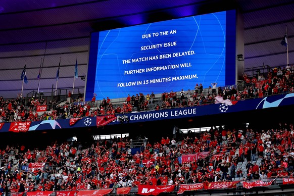 28th May 2022 Stade de France stadium, Saint-Denis, Paris, France. Champions League football final between Liverpool FC and Real Madrid Information is displayed informing fans of a kick off delay PUBL ...