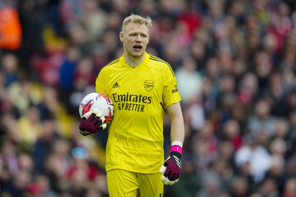 Arsenal&#039;s goalkeeper Aaron Ramsdale reacts during the English Premier League soccer match between Liverpool and Arsenal at Anfield in Liverpool, England, Sunday, April 9, 2023. (AP Photo/Jon Supe ...