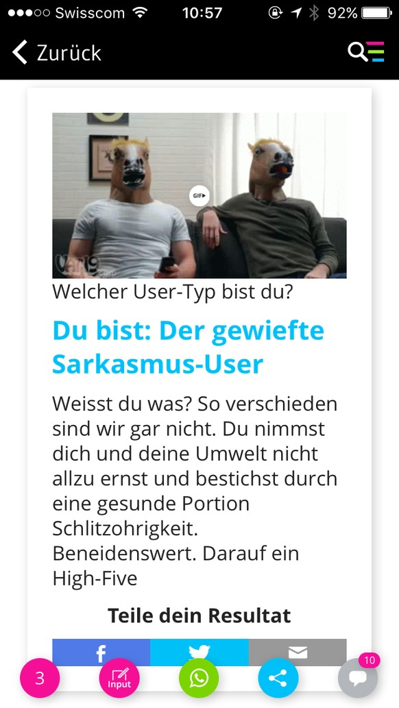 Achtung, jetzt wird&#039;s persÃ¶nlich: Welcher User-Typ bist du?
Du bist: Der gewiefte Sarkasmus-User - ok, aber sind Watson-Leser das nicht alle? ;)