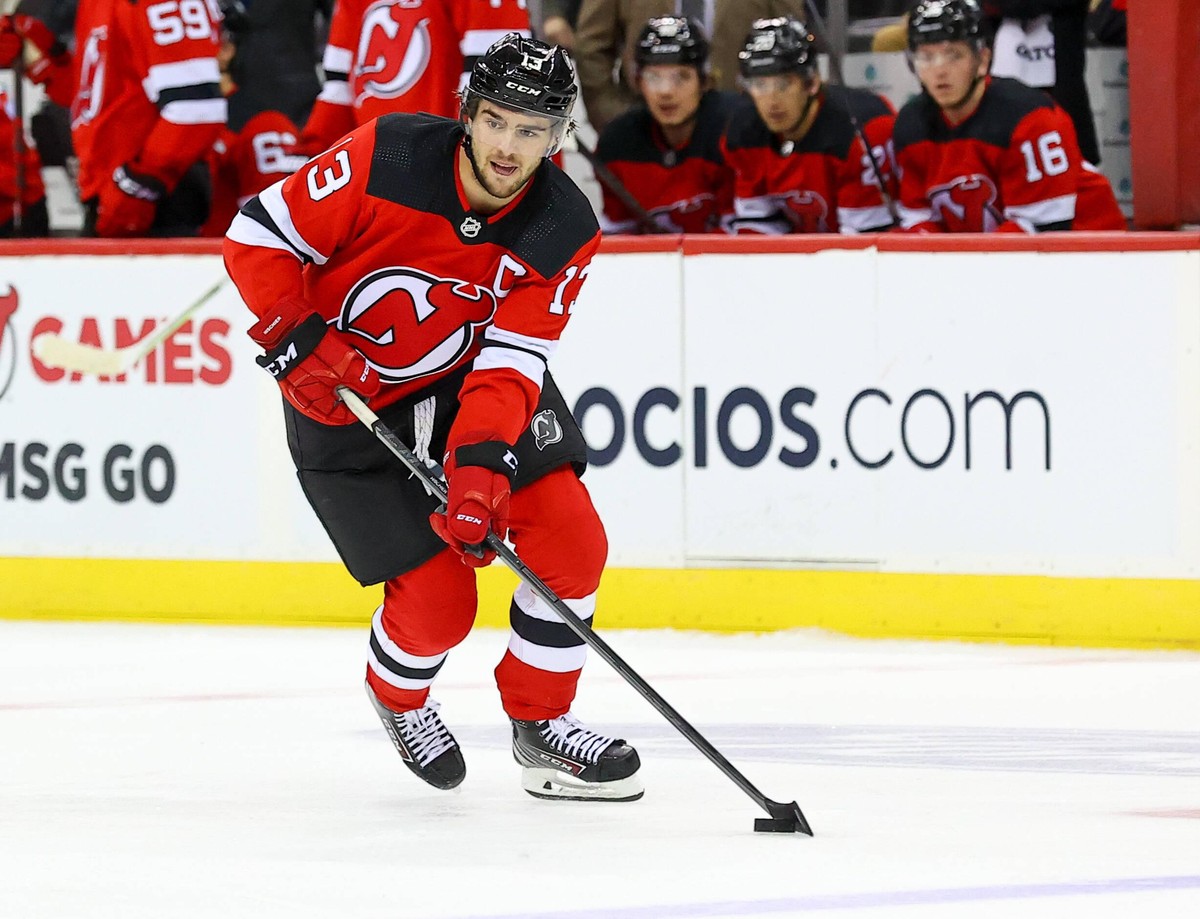 NEWARK, NJ - OCTOBER 04: New Jersey Devils center Nico Hischier (13) skates during the first period of the pre-season National Hockey League game between the New Jersey Devils and the Washington Capit ...