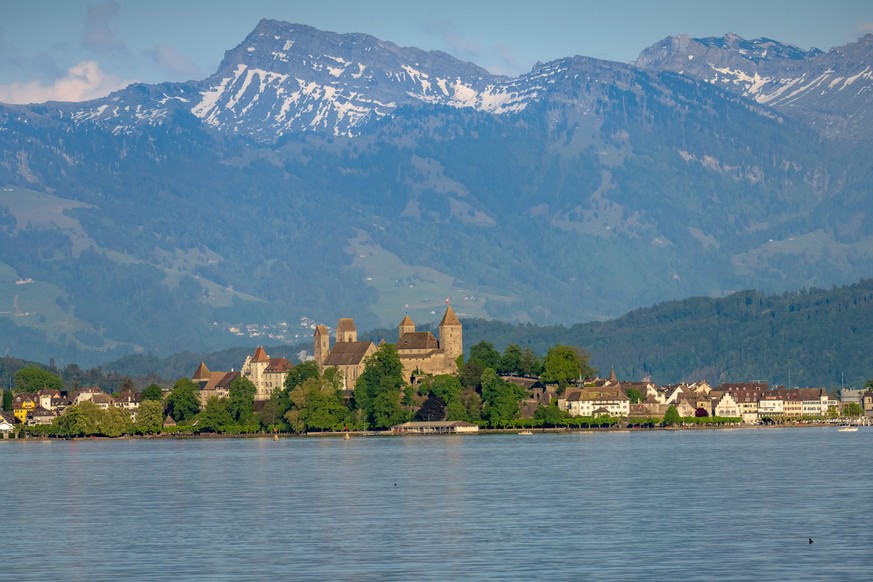 View of old city of Rapperswil dominated by its 13th century castle and the alps in the background, St. Gallen, Switzerland xkwx Rapperswil, alps, beautiful, beauty, castle, cheese, chocolate, city, f ...