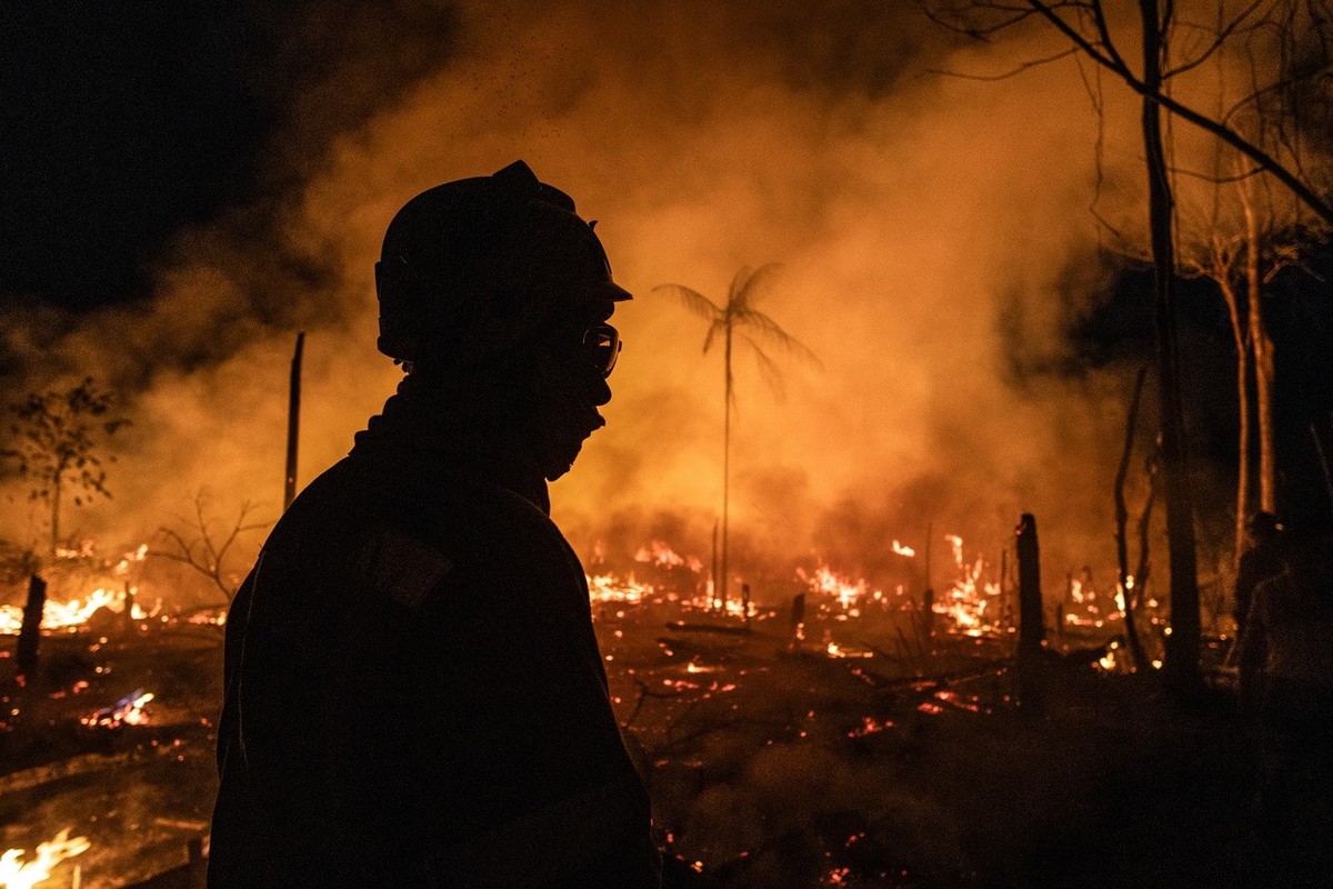 epa10932766 Workers from PrevFogo, the forest fire extinguishing program of the Brazilian Institute of Environment (IBAMA) and ICMbio (Chico Mendes Institute), work to contain a fire in a green area o ...