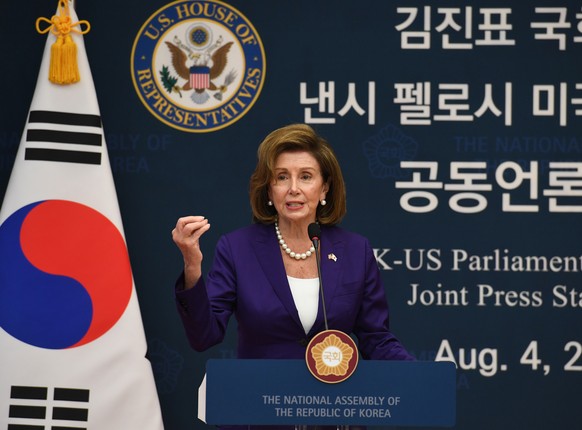 epa10105143 U.S. House Speaker Nancy Pelosi attends the Joint Press Announcement after meeting with South Korean National Assembly speaker Kim Jin-pyo at the National Assembly, Seoul, South Korea, 04 August 2022.  EPA/Kim Min-Hee POOL