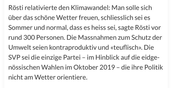«Alptraum» und «linksgrünen Blindflug stoppen» – Röstis Uvek-Übernahme polarisiert\nWas Rösti zum Beispiel an der SVP-DV 2019 so gesagt hat. Und der ist jetzt im Umwelt-Departement?