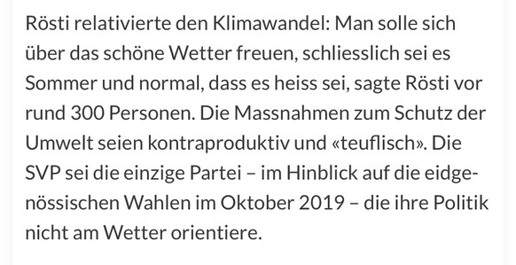 Â«AlptraumÂ» und Â«linksgrÃ¼nen Blindflug stoppenÂ» â RÃ¶stis Uvek-Ãbernahme polarisiert\nWas RÃ¶sti zum Beispiel an der SVP-DV 2019 so gesagt hat. Und der ist jetzt im Umwelt-Departement?