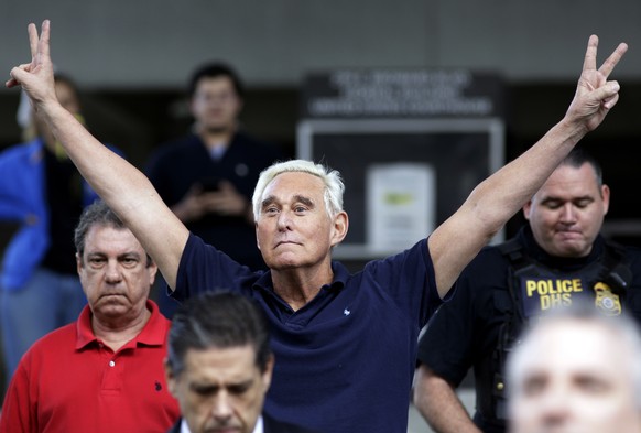 FILE - In this Jan. 25, 2019, file photo, former campaign adviser for President Donald Trump, Roger Stone walks out of the federal courthouse following a hearing in Fort Lauderdale, Fla. Stone was arr ...
