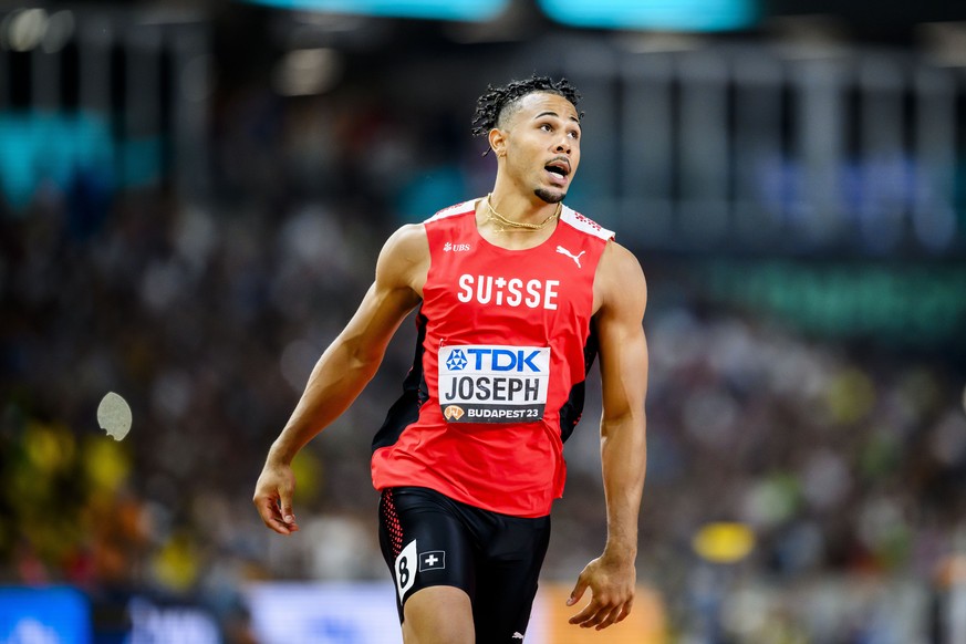Jason Joseph of Switzerland reacts during the men&#039;s 110 meters hurdles semi-final of the World Athletics Championships at the National Athletics Centre, in Budapest, Hungary, Monday, August 21, 2 ...