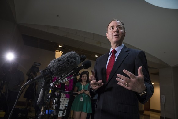 In this July 11, 2017, photo, Rep. Adam Schiff, D-Calif., the ranking member of the House Intelligence Committee, speaks to reporters in reaction to news that Donald Trump Jr. revealed emails that sho ...